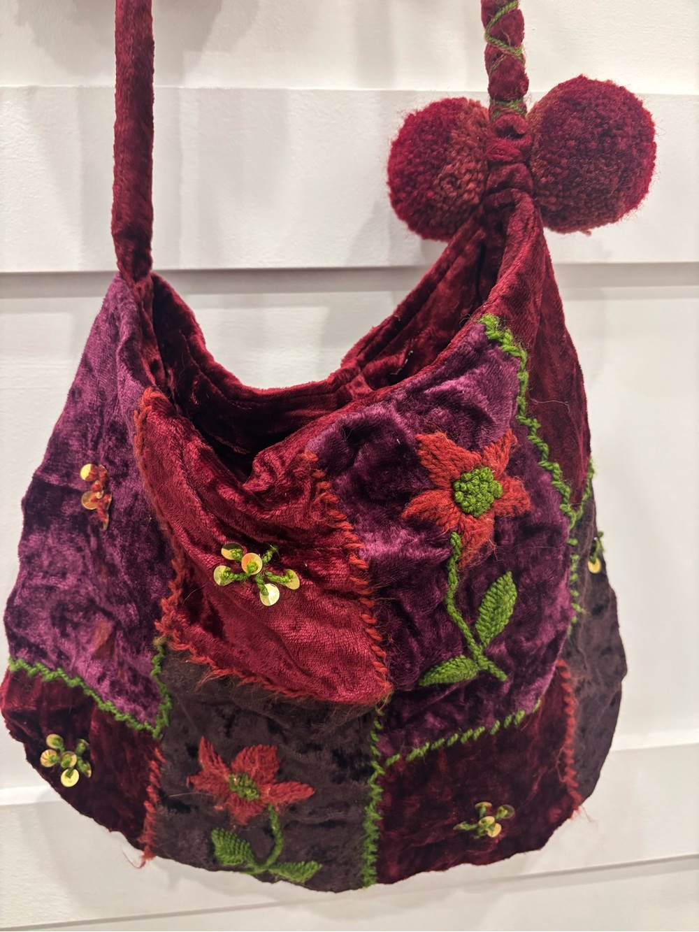 April Cornell Burgundy Velvet Pom-Pom Shoulder Bag with Embroidered Florals
